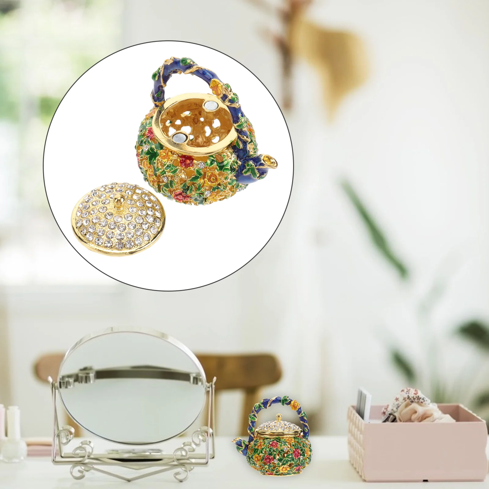 

Decorative Mini Teapot Trinket Box Hinged Jewelry Storage Container Alloy Diamond Pot Holder with Cover and Handle for Necklace