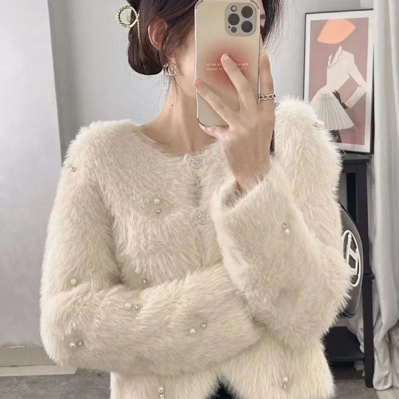 

Imitation Mink Velvet Knitted Cardigan Sweater Coat Women's Autumn Thick Short New Loose Joker Button Soft Cardigan Simple Coat