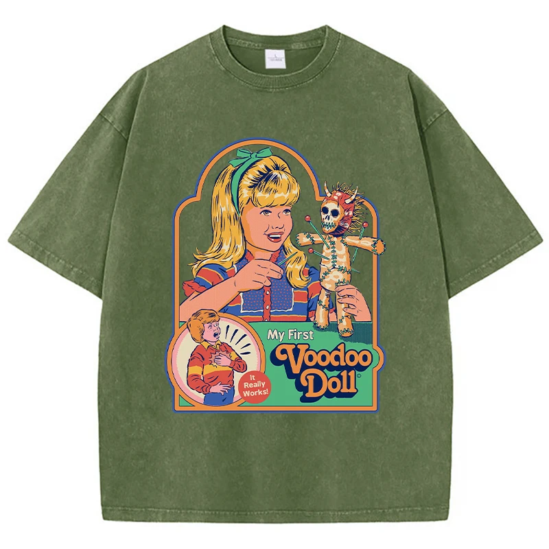Voodoo Doll Print Women Distress T Shirt Summer Breathable Wash