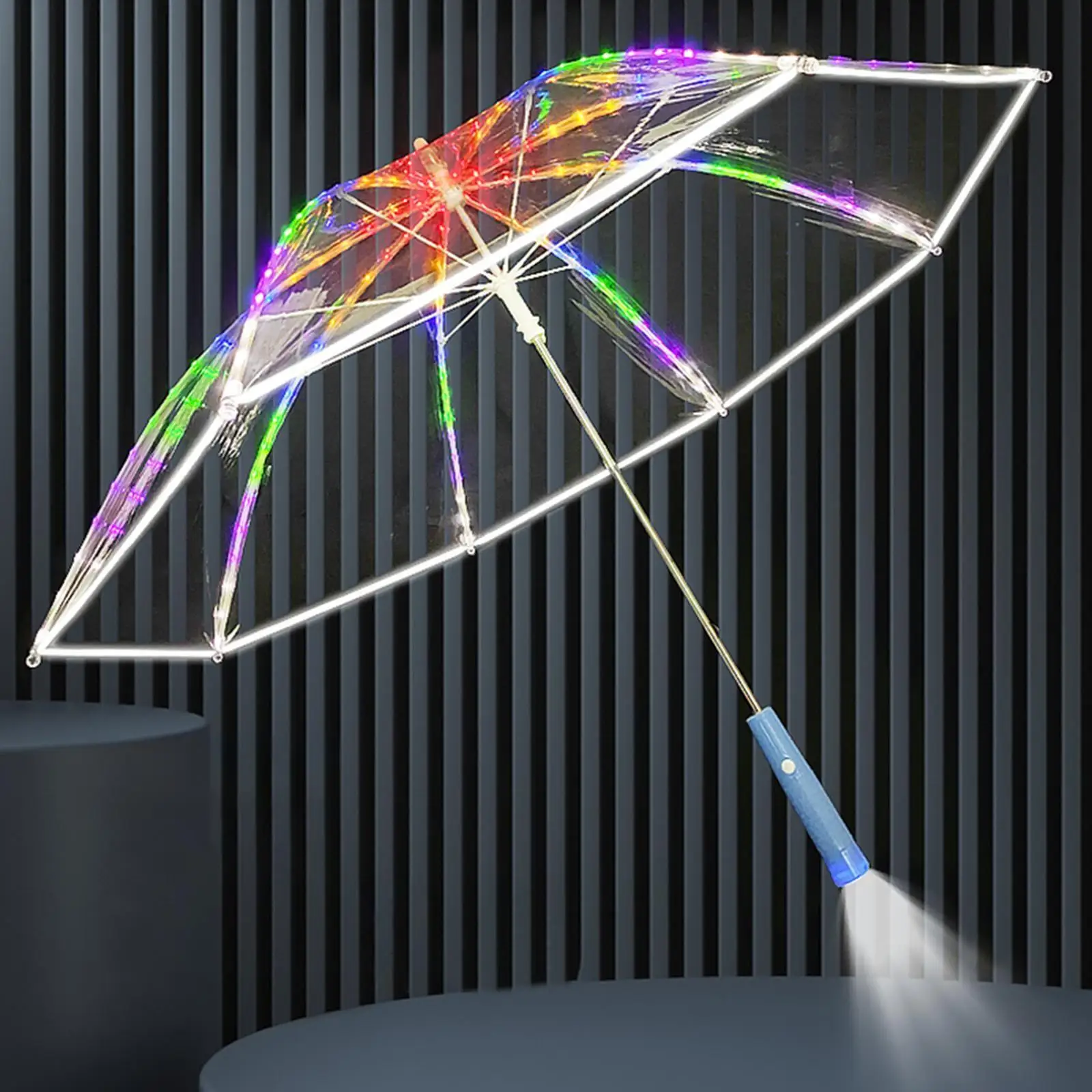 Portable LED Rain Umbrella for Women Clear Waterproof Windproof 8 Rib Straight Umbrella with Flashlight Camping