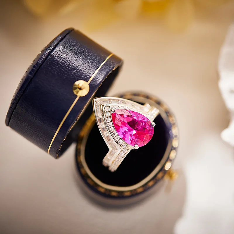 

European and American Style Pear-Shaped Ring Gold-Plated Inlaid Pink Drop-Shaped Diamond Fashion High Sense Ladies Daily Commute