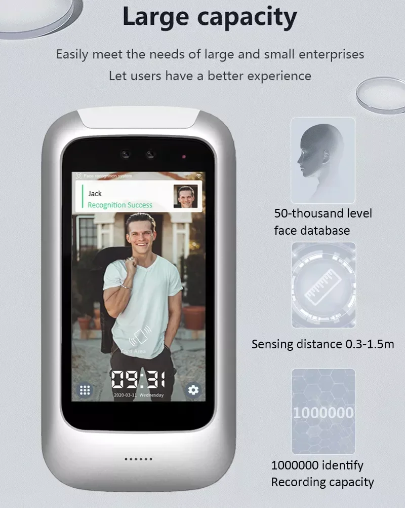 5 นิ้ว Facial Recognize 13.56M Card Face Time Attendance และ Access Control Cloud ระบบ WIFI Mobile APP สมาร์ทเวลา