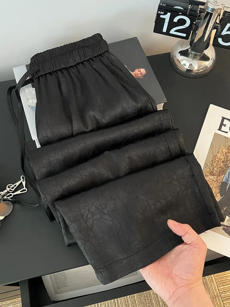 세련된 하이웨이스트 스트레이트 레그 아이스 실크 와이드 레그 팬츠 여성 여름 얇은 드레이프 슬리밍 캐주얼 롱 트라우저