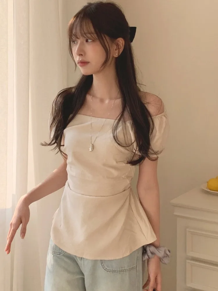 

Sweet Design Dual-Wear Women's irt Summer New Sle Fairy Sve Ba Gathered Tie Top Ele Aosphere Faionable Women...