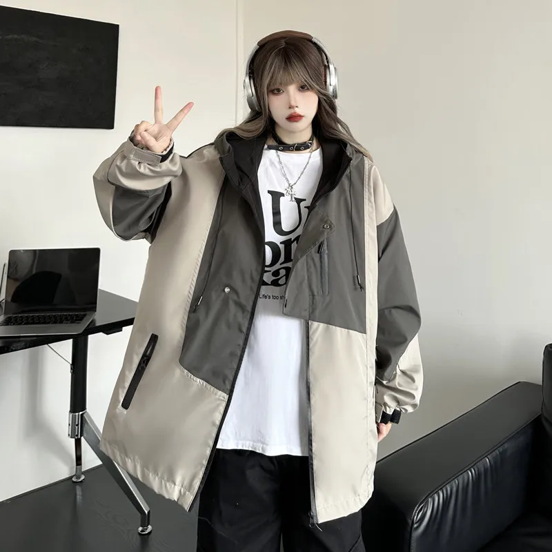 

Women Coat Contrast Color Patchwork Hooded Jumpsuit For Women's Autumn Oversize Casual Mid Length Cardigan Jacket Trend