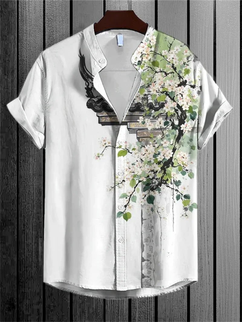 Men's linen 3D guitar instrument printed short sleeved shirt Hawaii vacation casual fashion beach style shirt