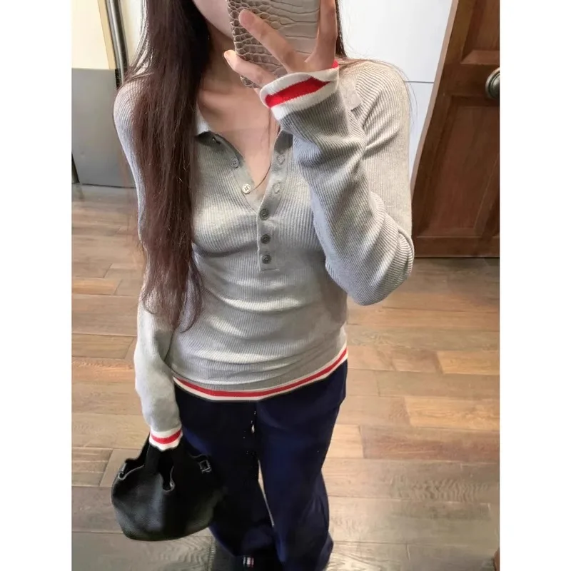 

Knitted Sweater Women Korean Chic Contrasting Color Polo Collar Slim Fit Long Sleeved Warm Versatile Base Casual New Top