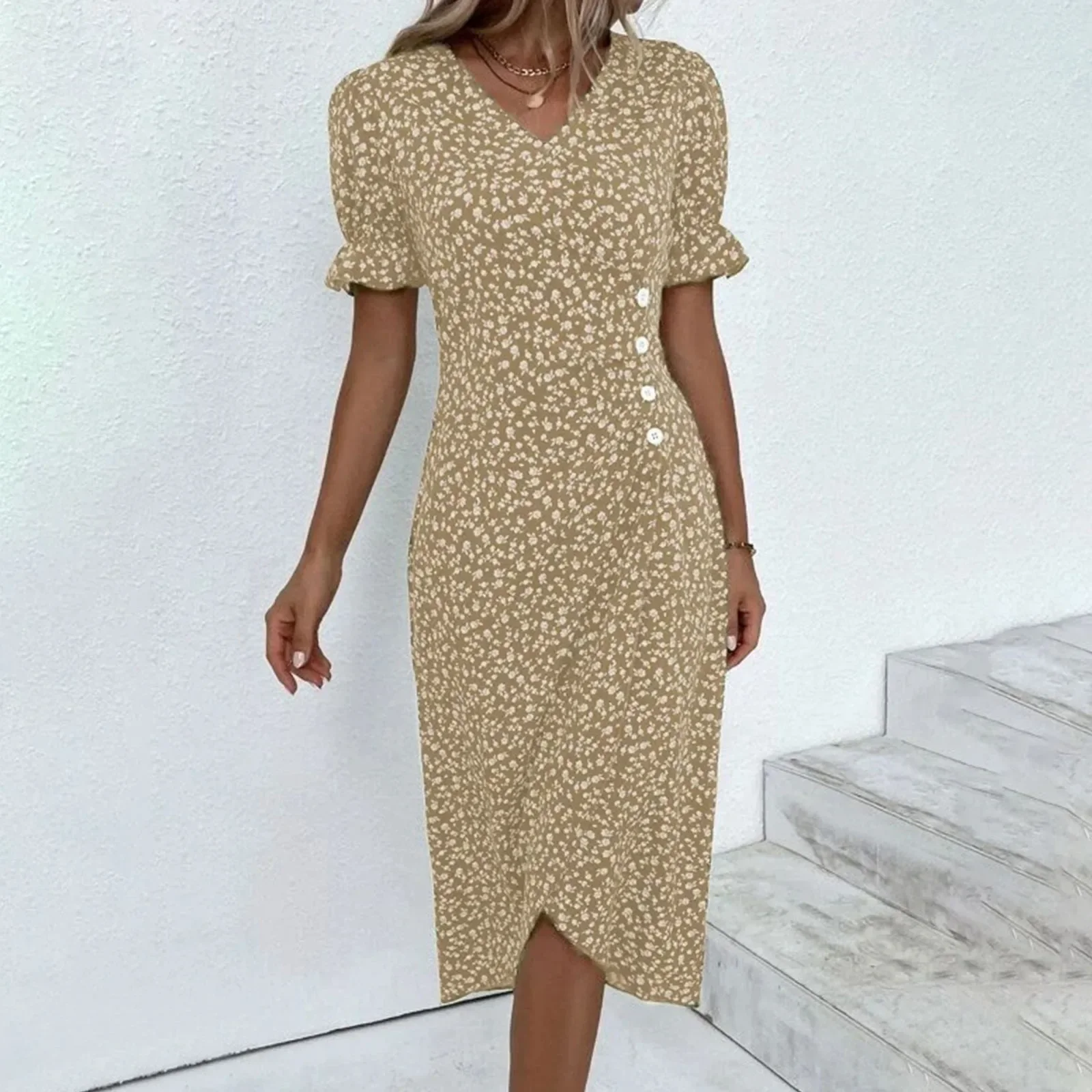 Elegant Floral Pleated H shaped Midi Dress Female V Neck Puff Sleeve Waist Ruched Button Dresses Women Summer Dress Robe