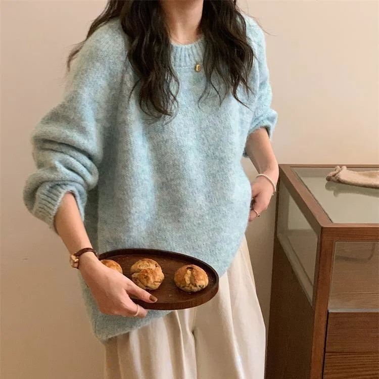 فضفاضة تناسب الخريف الشتاء وصول جديد الكورية نمط قمة الموضة لينة مريحة كسول نمط لطيف المرأة محبوك سترة جولة الرقبة #3