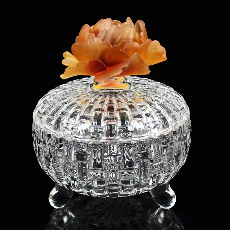 Crystal Glass Bowl with Glass Lid Floral Embossed Size M Decorative Storage for Home Office Jewelry Candy Gift