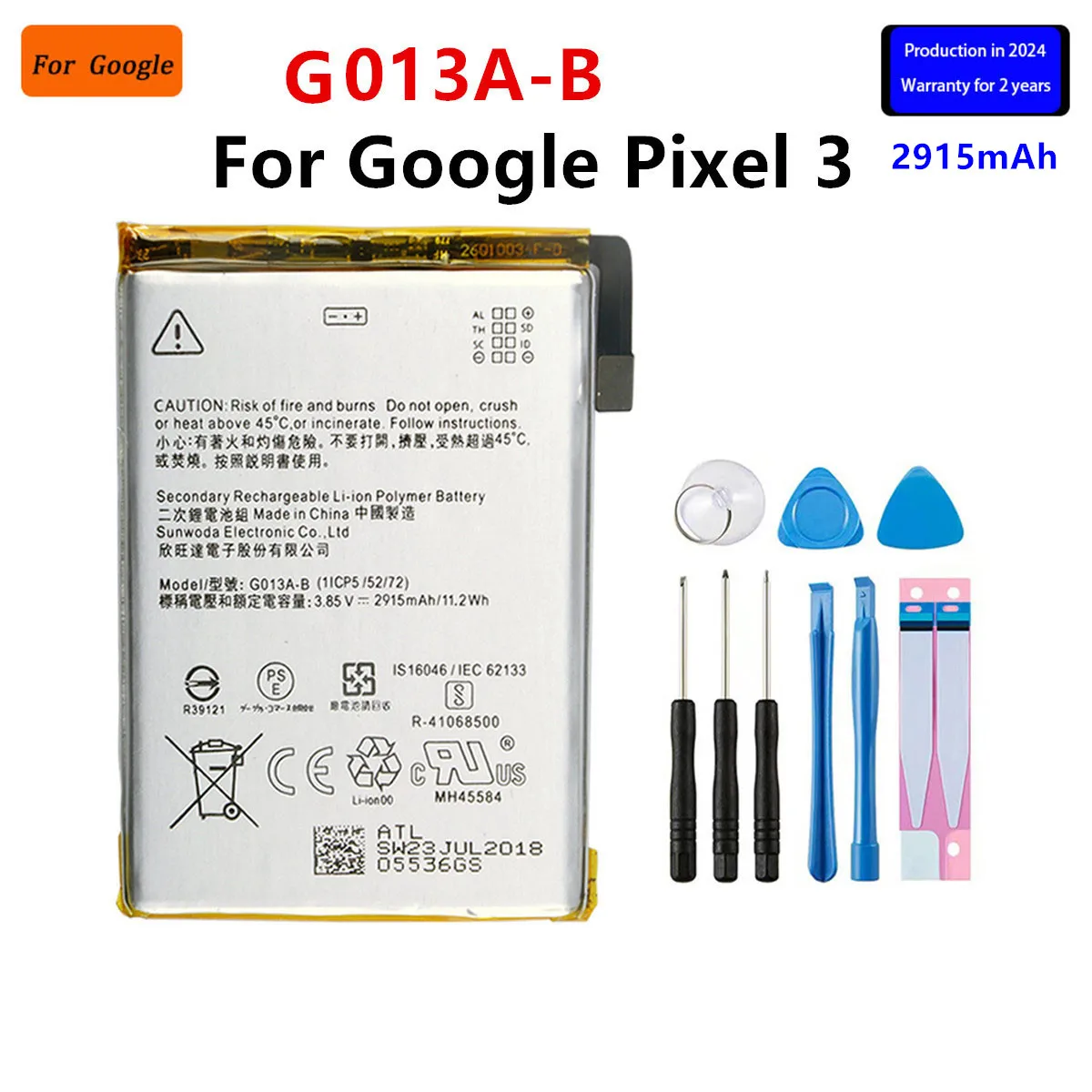 

100% Orginal G013A-B 2915mAh Replacement Battery For Google Pixel 3 Pixel3 Genuine Latest Production Phone Batteries+Tools