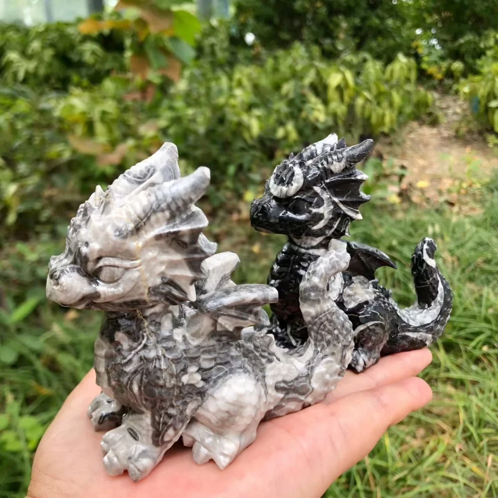 9.6cm Natural Zebra Jasper Hand Carved Baby Dragon Pair, Crystal Fantasy Creature Statue, Home Decor, Reiki Healing Crystal Gift