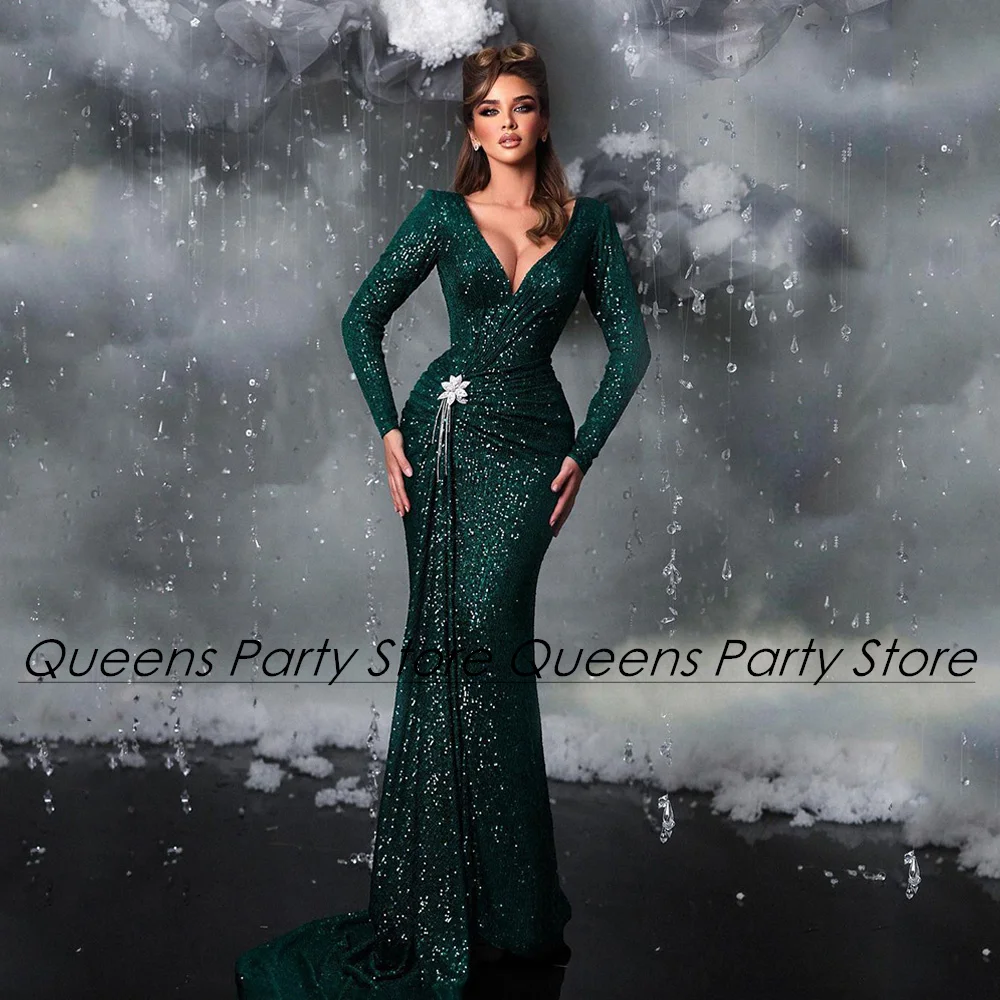 

Weilinsha Sequin Evening Dress Deep V Neck Long Sleeve Shinny Mermaid Prom Gown Sweep Train Robe De Soiree Formal Party Dresses