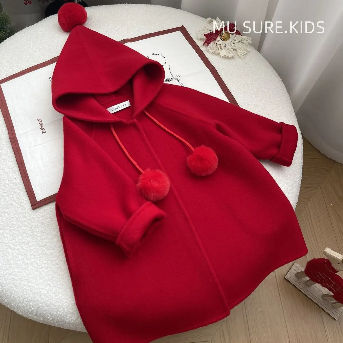 

Baby Girl's Double-Sided Cashmere Coat with Elf Hat A-Line Hooded Christmas Outfit for Autumn Winter Cute Children's Clothing