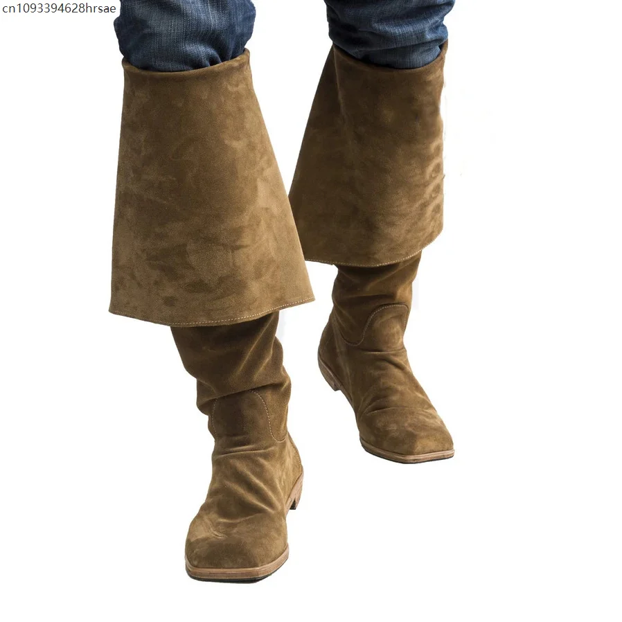Medieval Pirate Cosplay Brown Shoes Renaissance Role Play Boots Men's Retro Square Toe Boots Knee High Windproof Yellow Shoes