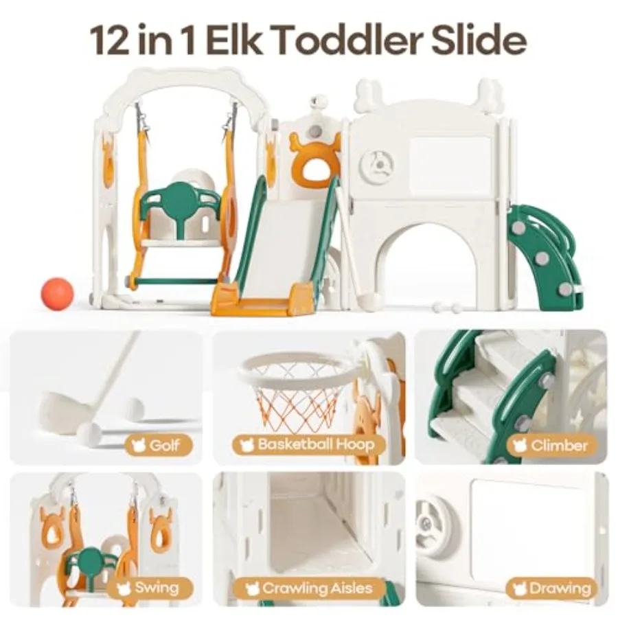 屋内屋外兼用幼児用滑り台とブランコセット 1～3歳向け バスケットゴール付き ドローイングゴルフ イエローグリーン 82×67×41インチ プラスチック製木製