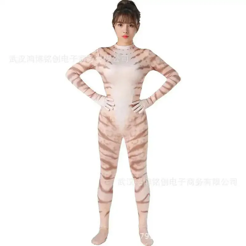 Pakaian Cosplay Halloween Ketat Wanita Pola Hewan Kucing Cetak Tiga Dimensi 3D Transparan, Seksi, Klub Malam Ir;l5