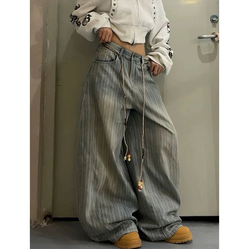 

Женские винтажные мешковатые джинсы в полоску, свободные джинсы в американском стиле ретро, потертые потертые джинсовые брюки из полированного бамбука, уличная одежда