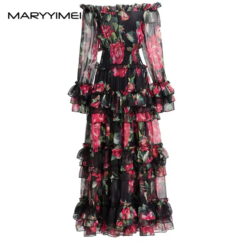 

MARYYIMEI Designer Fashion Autumn Dress Women's Bohemian Vacation Vintage Flower Print Cascading Ruffle Elegant Dresses