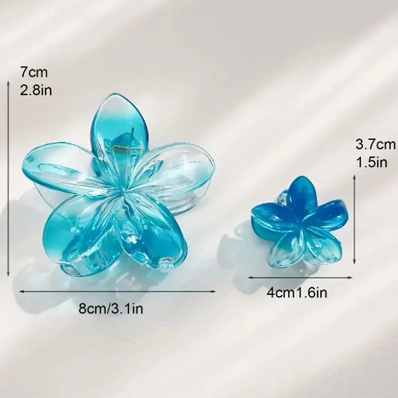 15 Stück glänzende Ombre durchscheinende blaue Frangipani-Blumen-Haarklammern, große und kleine Größe, tägliches Tragen, Pferdeschwanz-Haarspangen-Zubehör – Detail 4