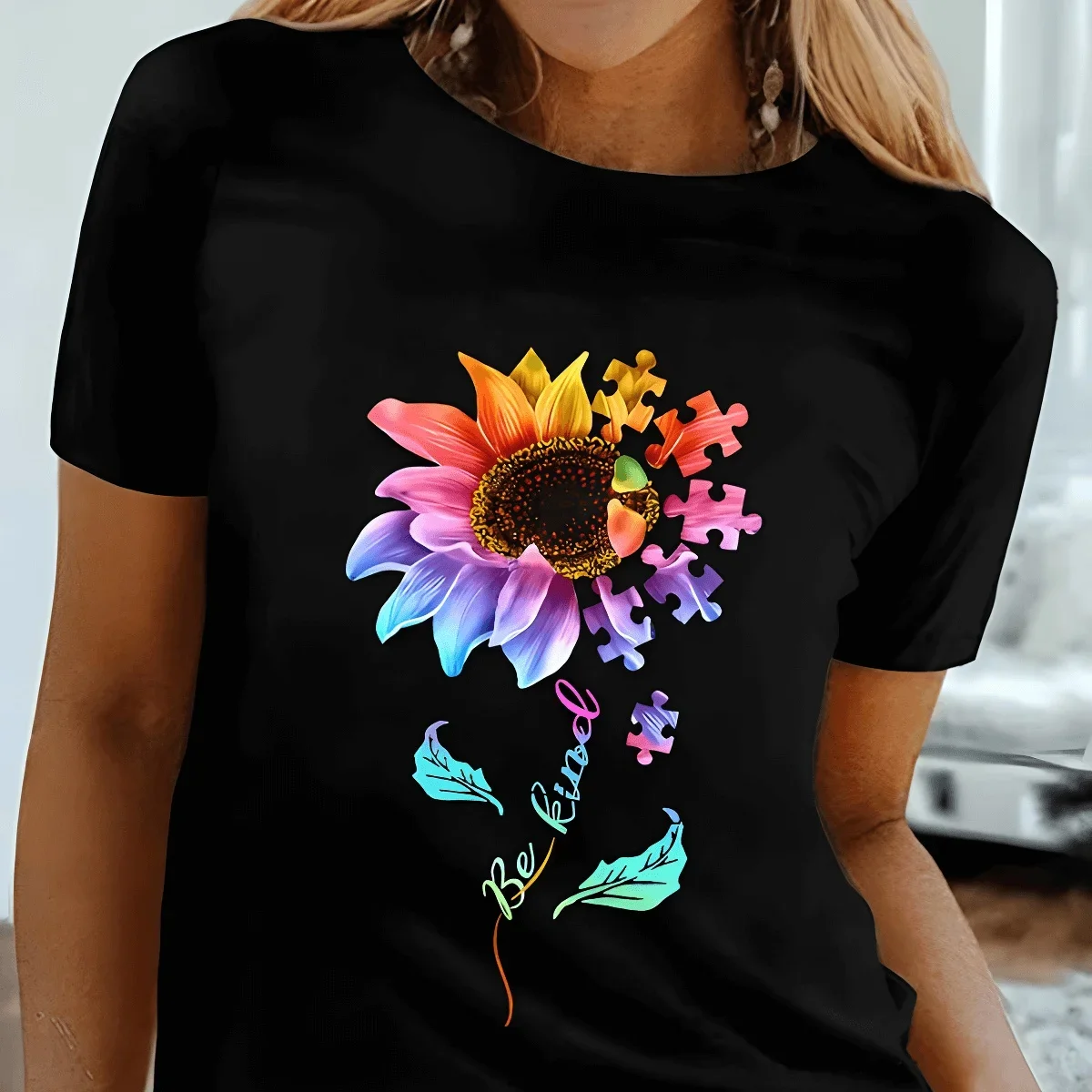 

Autism Awareness Sunflower Be Kind Kindness Men Women T Shirt Short Sleeve Round Neck Daily Going out Print Clothing