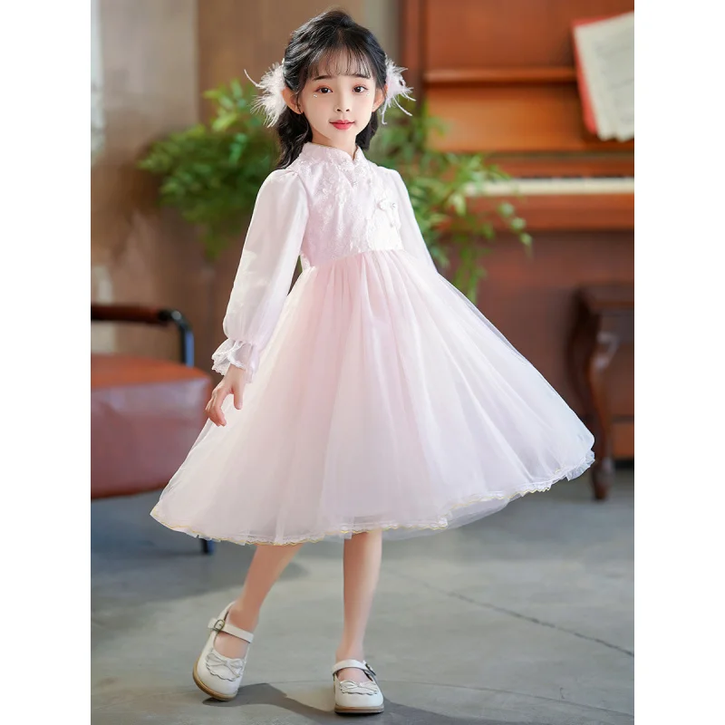 A.Girls' Autumn and Winter New High-end New Chinese Style Lace Long-sleeved Embroidered Birthday Dress Skirt