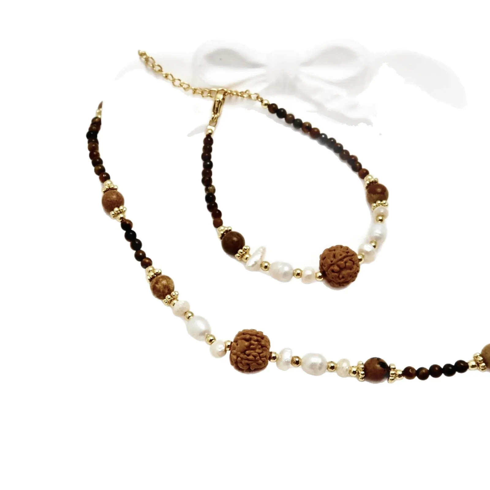 

Kitykiss handmade bodhi seed tiger skin stone pearl bracelet necklace titanium steel retro style niche design high-end feel