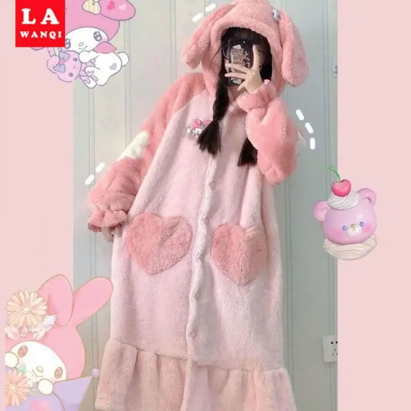 Sanrio Anime Kawaii kuromi My Melody Fleece Pajamas Autumn Winter Coral Thickened Long Comfortable Nightdress Home Wear