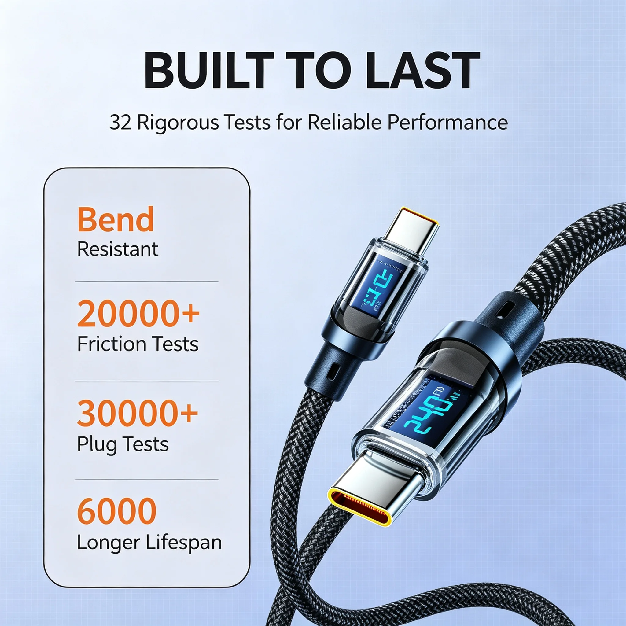 240W USB C to C Lightning Fast Charging Cable 6A Nylon Braided PD Quick Charger Data Cord LED Display for iPhone Samsung Xiaomi
