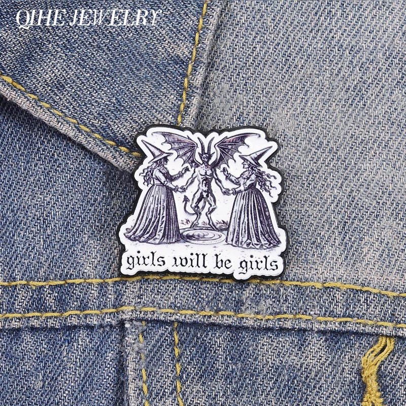 Girls Will Be Girls Feminist Brooch Enamel Pins Funny Witch & Satan Brooches Backpack Lapel Badge Punk Jewelry Gift for Friends