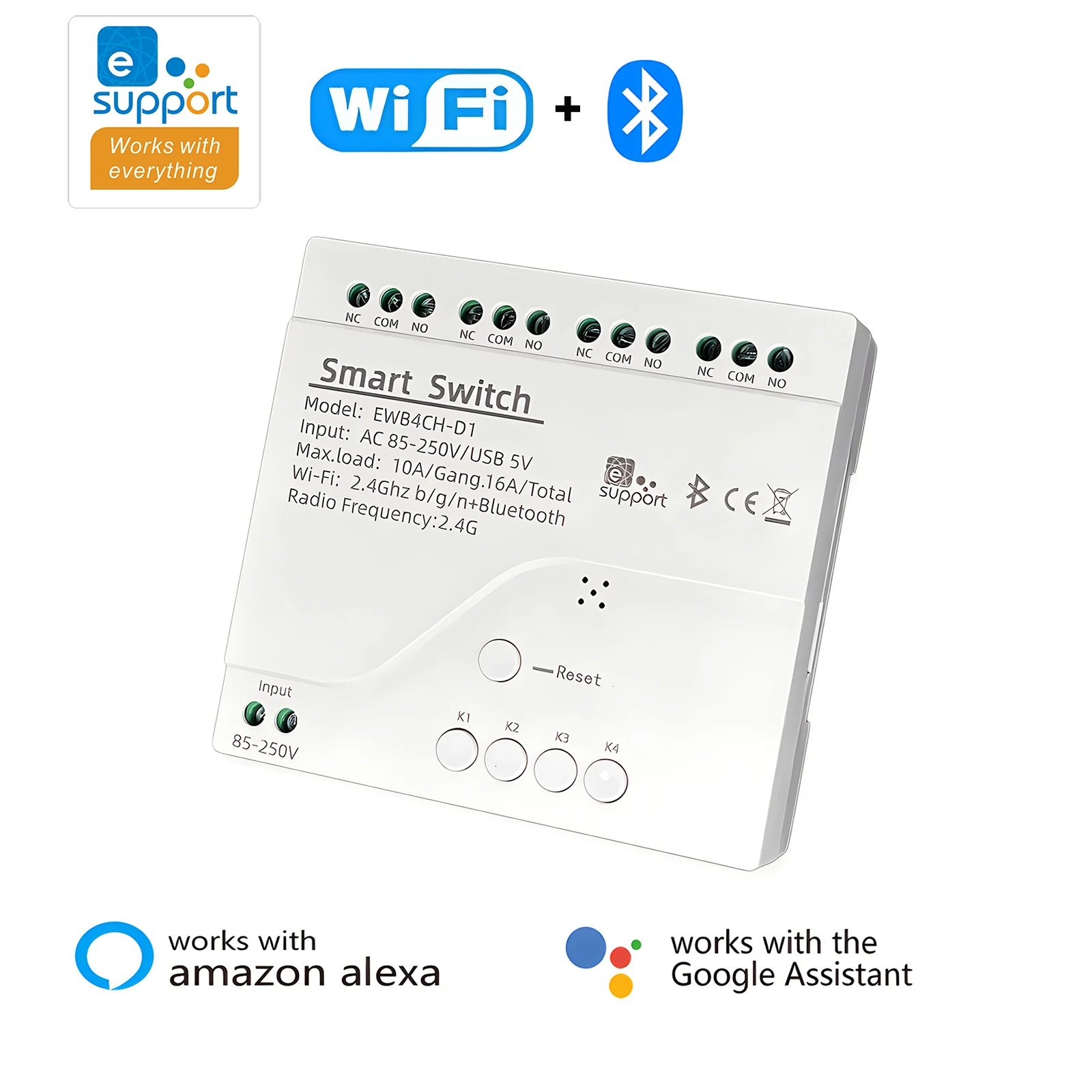 eWelink 4 CH WiFi Smart Switch AC85-250V 10A WiFi+BLE Dual-Mode Circuit Breaker APP/Voice Control Work with Alex Google Home