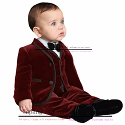 Velvet Kids Suit 3 Piece Winter Warm Jacket Pants Vest Casual Fashion Wedding Tuxedo Boys Blazer Custom Clothes