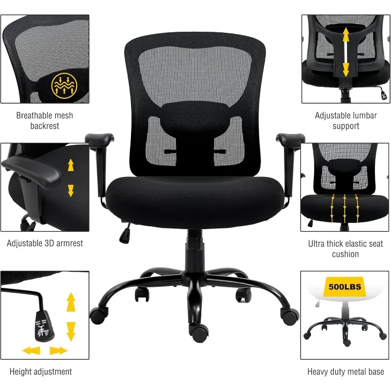Big And Tall Office Chair 500LBS Ergonomic Mesh Desk Chair With Adjustable Lumbar Support Arms Wide Seat Task Executive