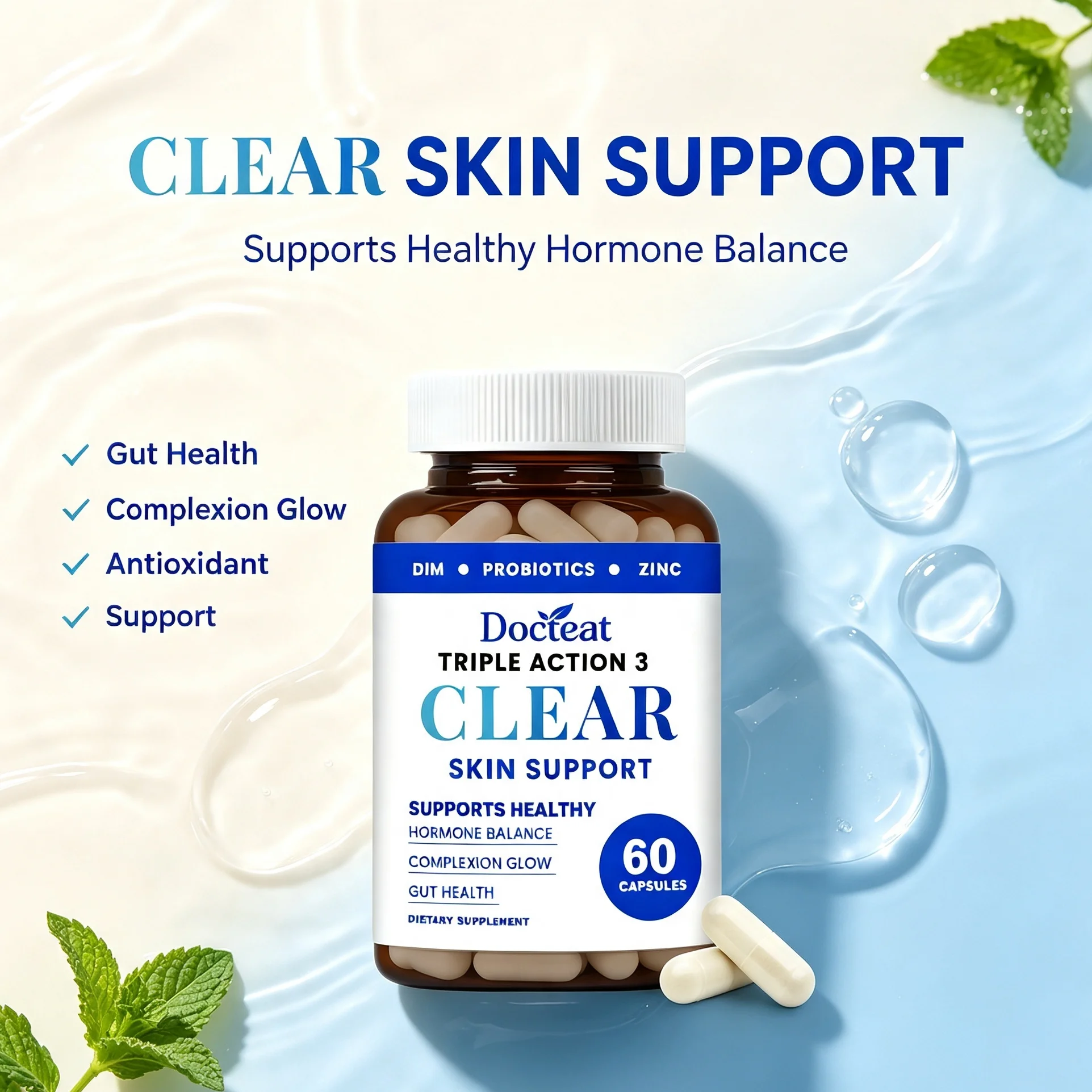 Clear Skin Support Capsules DIM Probiotics Zinc Supplement Hormone Balance Acne Treatment Gut Health Complexion Glow 60 Pills