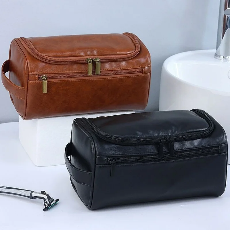 Bolsa de higiene portátil de couro para homens e mulheres, bolsa de higiene pessoal para viagem, grande armazenamento de cosméticos, à prova d'água, bolsa de lavagem