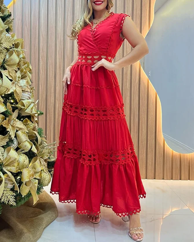 Neue Mode 2025, Sommer, sexy, elegant, Spitzenbesatz, V-Ausschnitt, aushöhlen, ärmelloses Kleid, lässige Taille, A-Linie, ausgestelltes Maxikleid für Damen