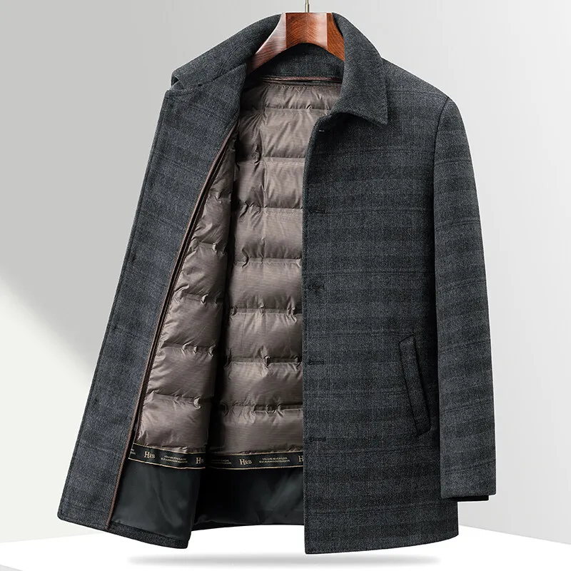 

2024 Winter New Men's Checkered Medium Long Woolen Coat with Thick Velvet for Warmth and Leisure, Detachable Down Inner Tank