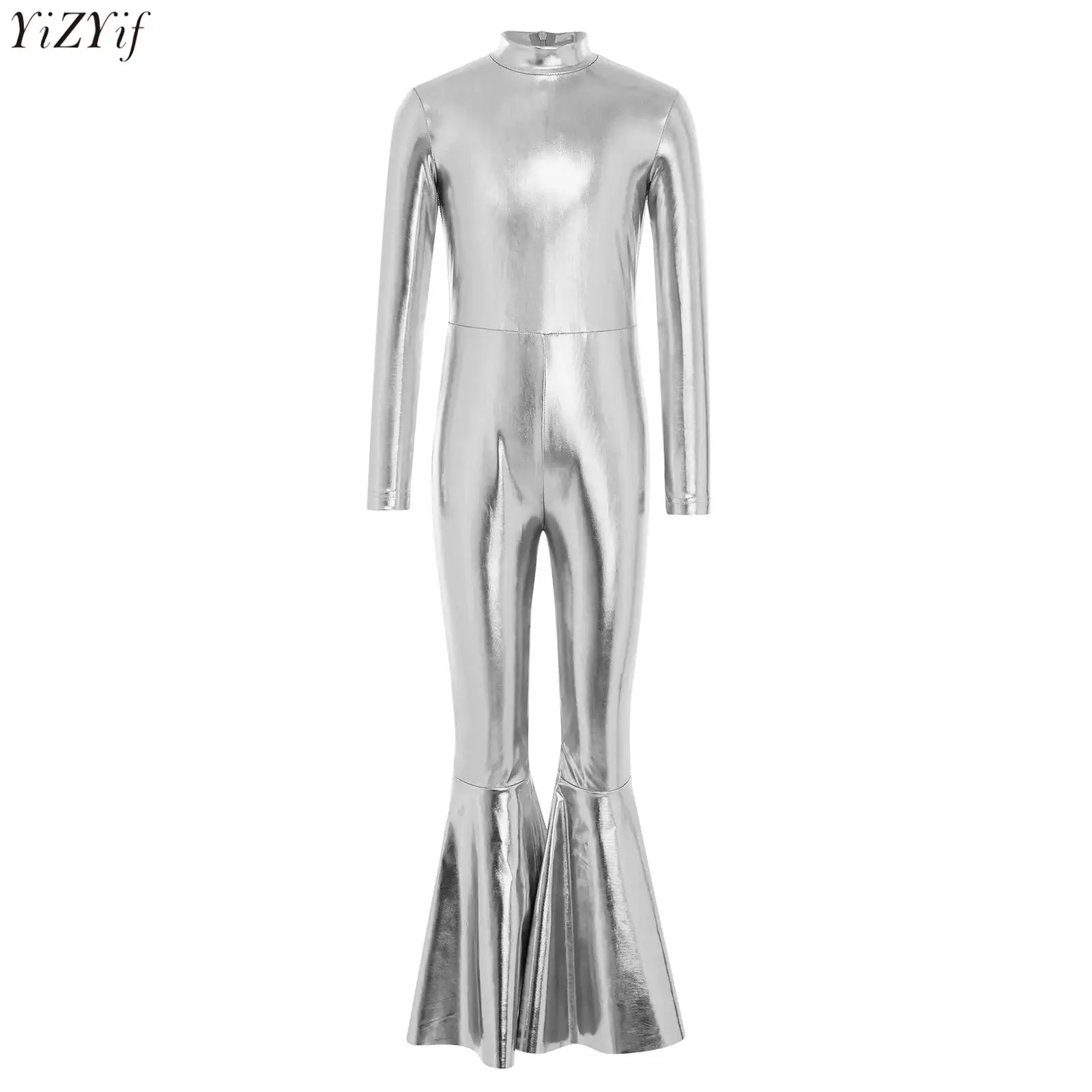 

Kids Girls Metallic Bell Bottom Jumpsuit Sparkly Long Sleeve Bodysuit Disco Jazz Dance Competition Stage Performance Costume