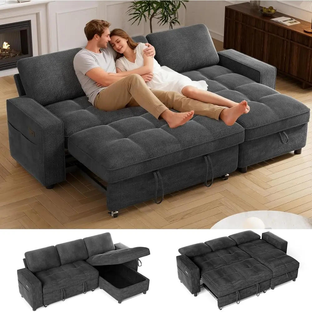 81 L-Shaped Sectional Sofa with Pull-Out Bed, Reclining Couch, Storage Chaise, USB Ports, Easy Assembly, Chenille Grey