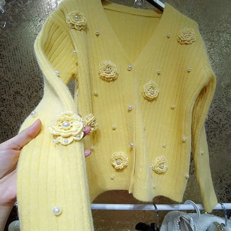 Hooked 3D Flowers Pearls Beaded Yellow Sweater Coat Fairy Floral Crocheted Knitted Cardigan Elastic Knitwear V-Neck Jumpers Tops