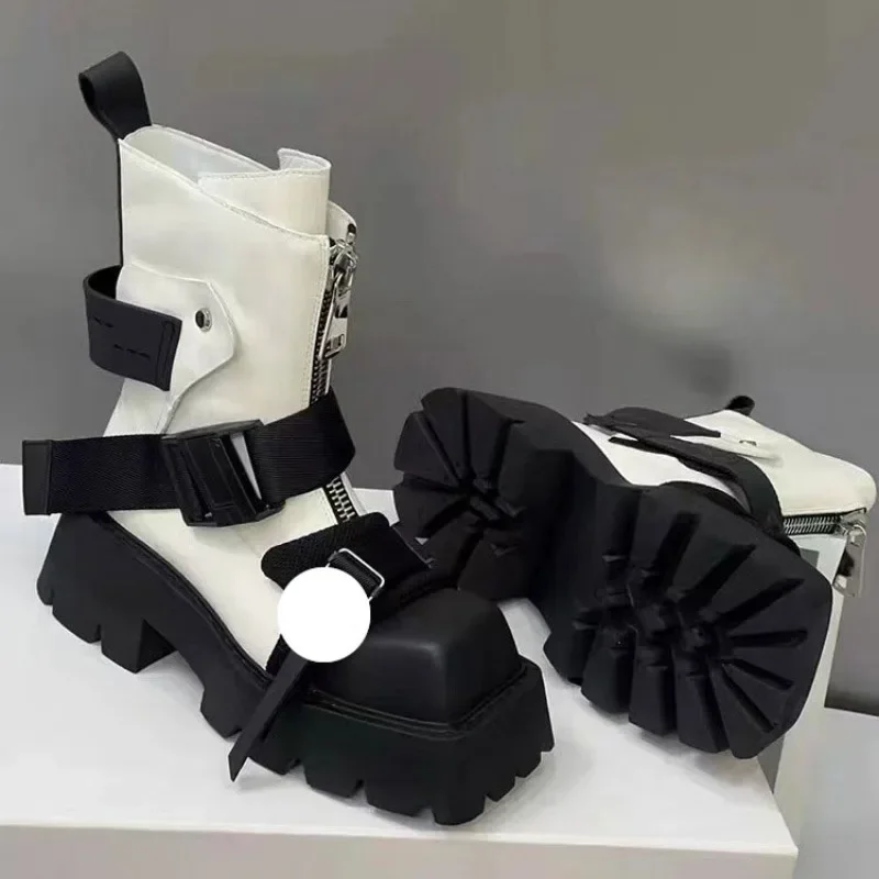 2025 النمط الأوروبي ساحة تو كعب سميك دراجة نارية أحذية النساء الجلود الجبهة زيبر حزام قصير مشبك موضة تشيلسي الأحذية #3