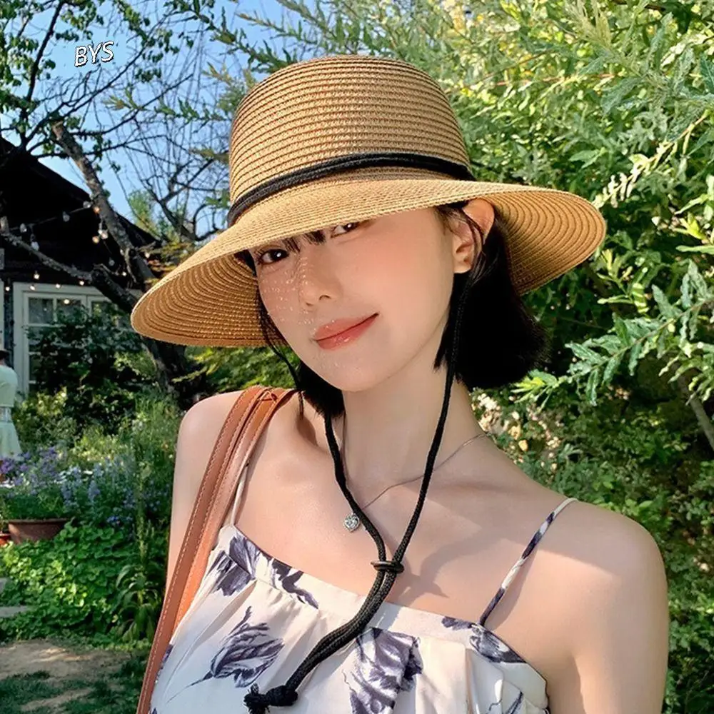 

Trendy Summer Straw Bucket Hat Foldable Wide Brim Women's Straw Hat Sunscreen UV Protection Visor Cap Unisex
