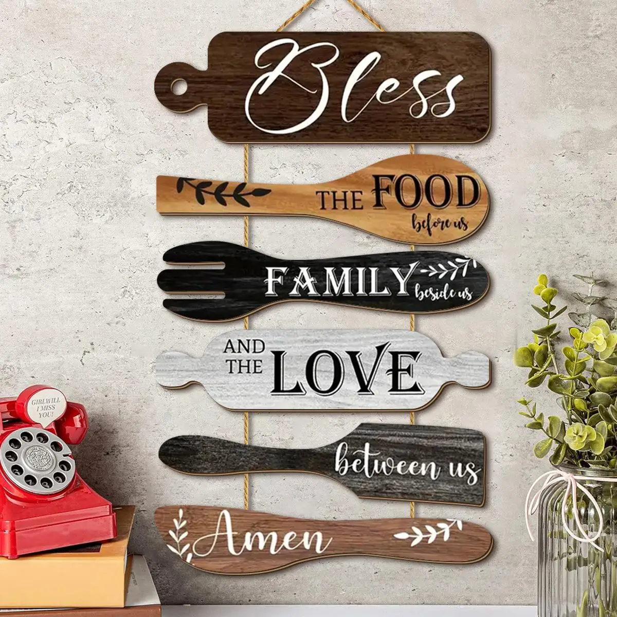 1 Set Prayer Bless The Food Before Us Wooden Hanging Sign, Farmhouse Kitchen Wall Decor, Rustic Cookware‑Shaped Wood Plaques for Warm Family Dinner Country Dining Room Wall Art，for Christian/Thanksgiving