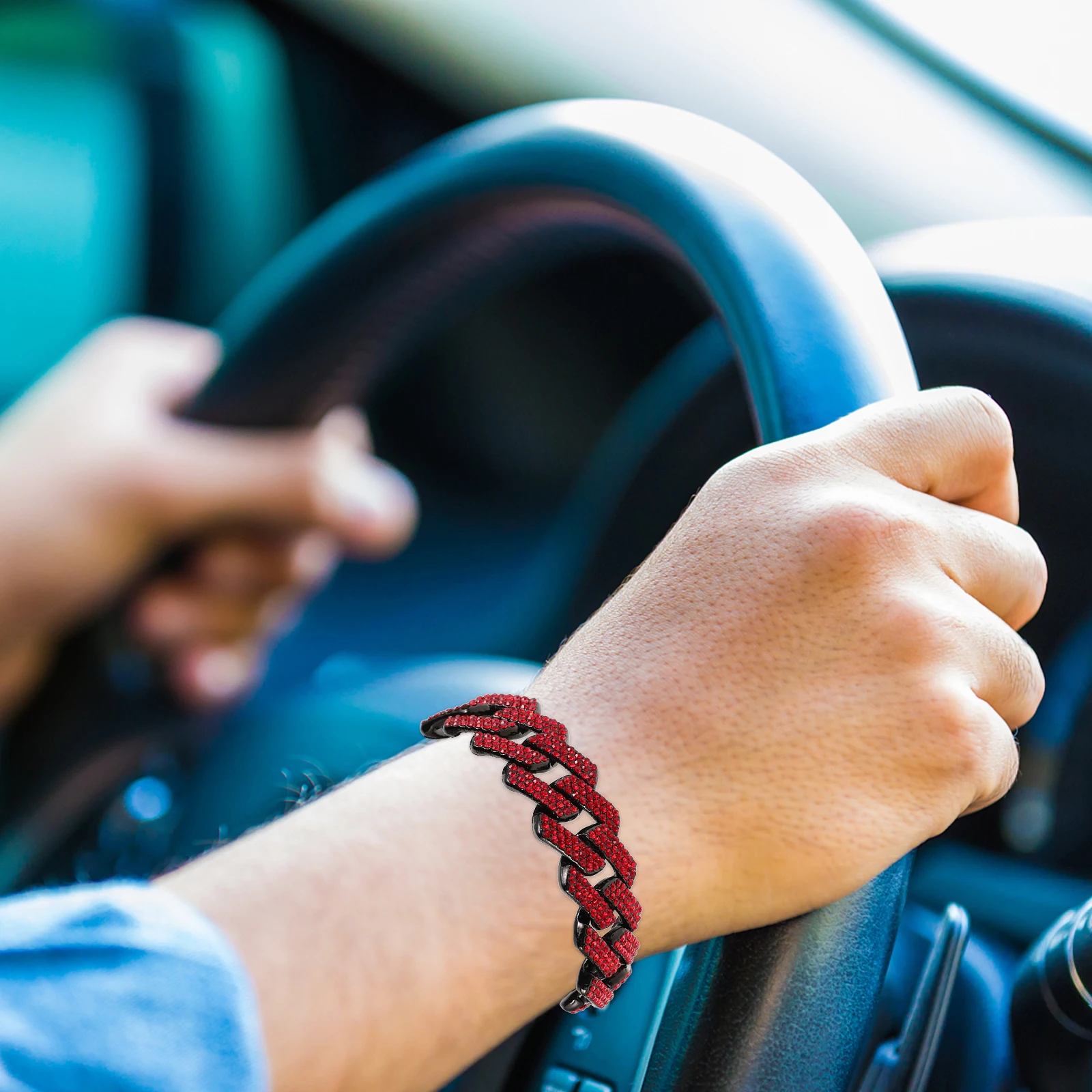 

20Mm Cuban Bracelet Men'S Fashion Bling Chain Rhinestone Hip Hop Jewelry Punk Jewelry Stainless Steel Red