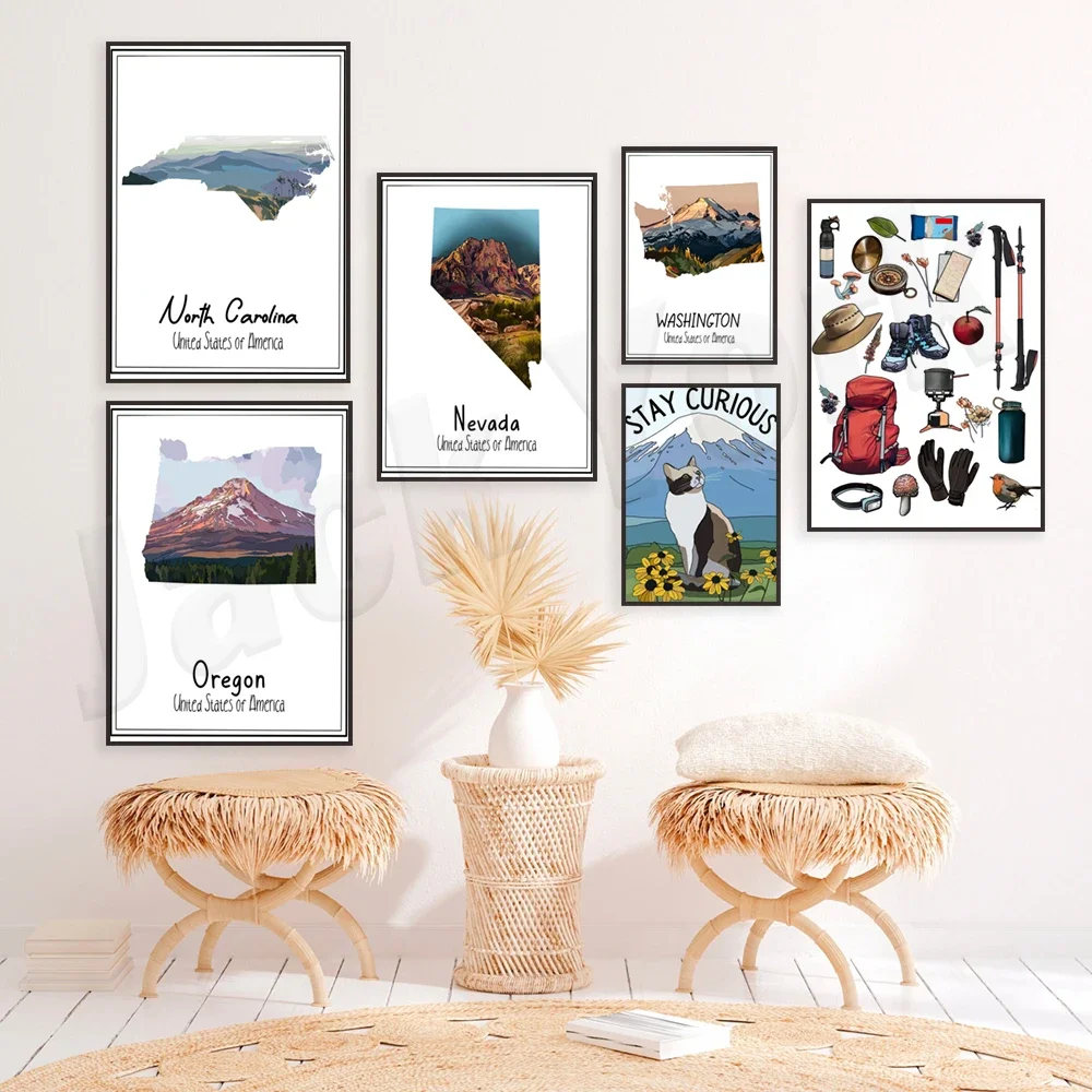 Oregon State Map, Washington State, American Goldfinch, North Carolina, Nevada, Cat and Mountain Art, Hiking Gear Travel Poster