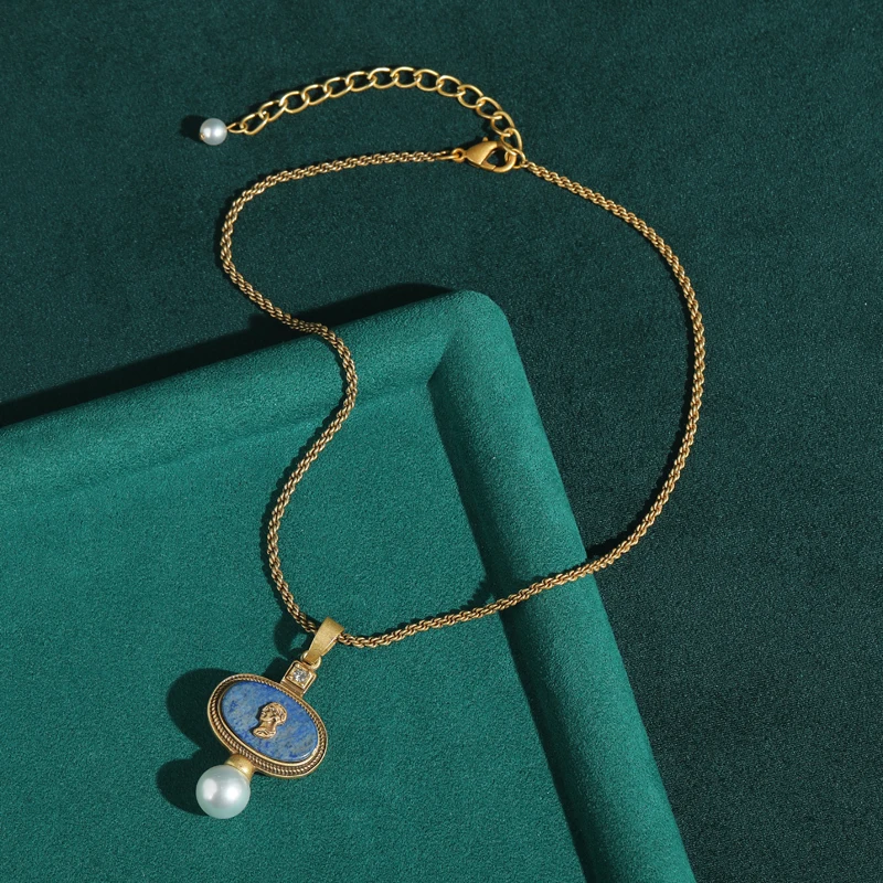 

Vintage Lapis Lazuli Oval Pendant Necklace Chain Jewelry Head Statue Antique Gold Color Luxury For Women Elegant 2026 New Gift