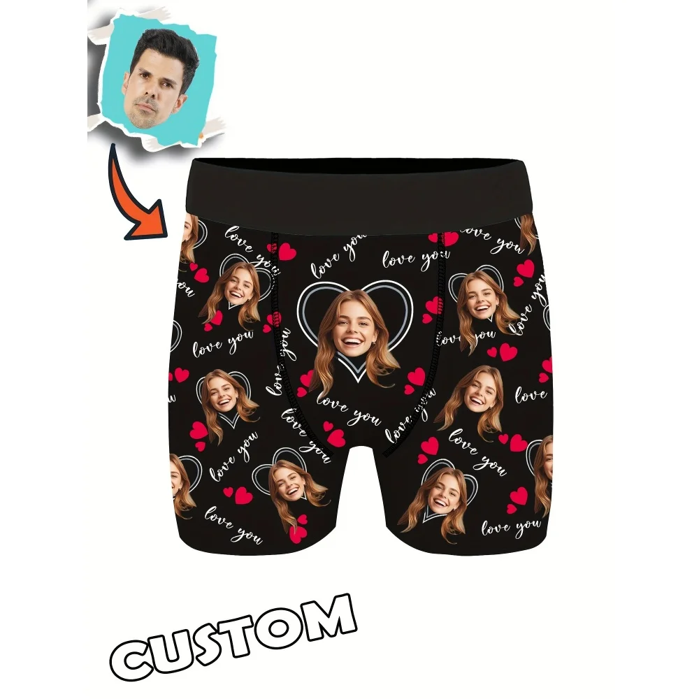 Personalized Custom Face Photo Men Underwear,Funny Heart Print Boxer Briefs, Unique Romantic Gift for Him Boyfriend Birthday Day