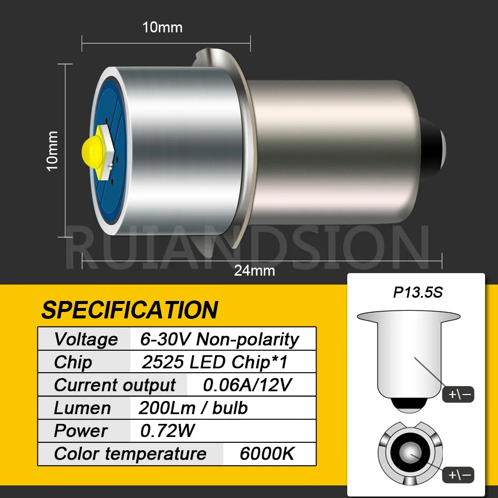 Ruiandsion 1PC 3V 4.5V 6-30V bez polaryzacji P13.5s PR2 PR3 6000K biała Maglite LED żarówka Magnum latarka 6V 9V 12V 18V 24V