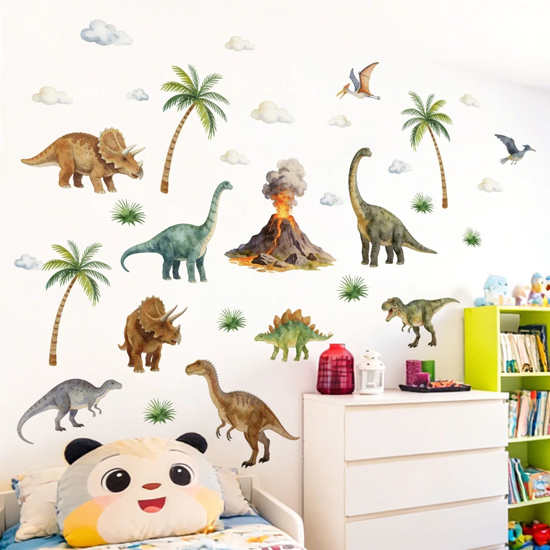 Cartoon Dinosaur Volcano Palm Tree Vinyl Wall Stickers for Home Nursery Room Decoration Kids Puzzle Game Sci-fi Animal Big Decal