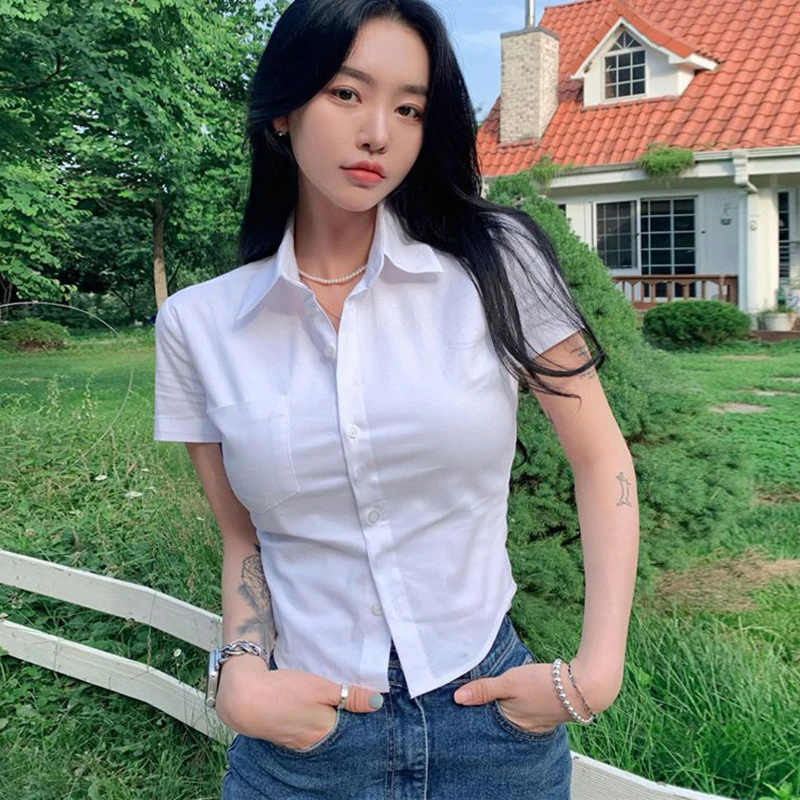 Rimocy Korean Slim Fit White Shirt Women Summer Y2K Short Sleeve Crop Top Blouses Woman Preppy Style Button Up Basic T Shirts